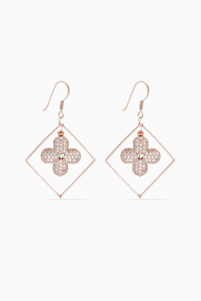 

Floral Cubic Zirconia Square Loop Geometric Earrings, Rose gold
