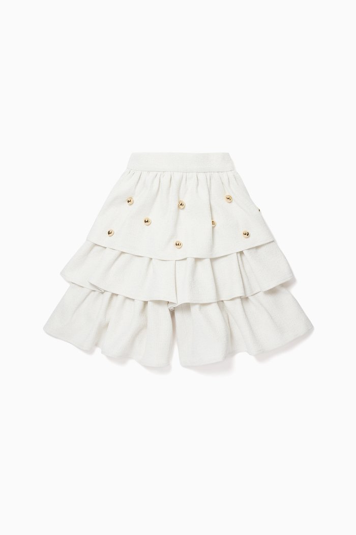 

Embellished Ruffle-Tiered Shorts, White