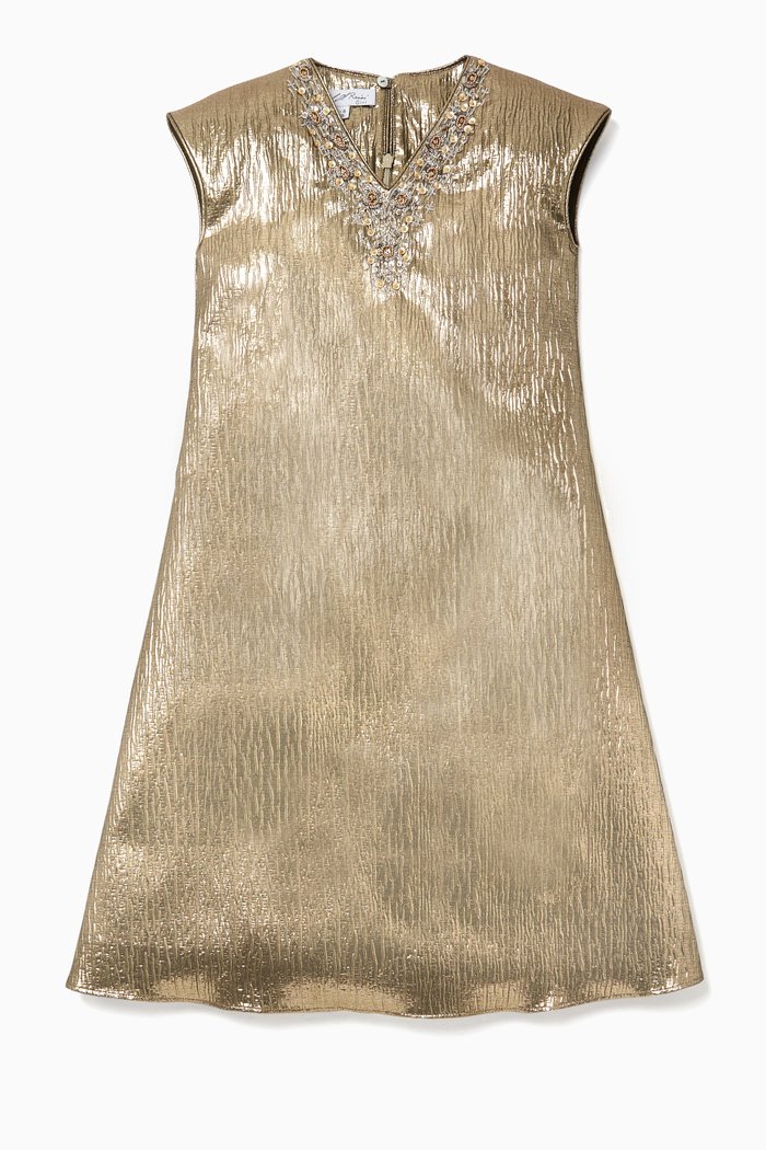 

V-Neck Dress with Embroidery Detail, Brown