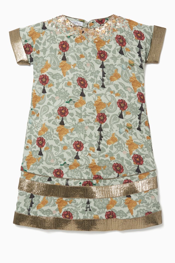 

Printed Dress with Metallic Trim, Green