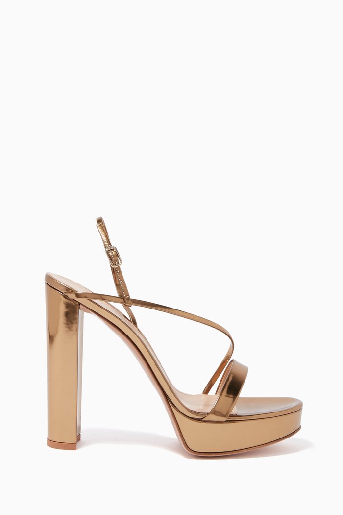 

Mirror-Leather Strappy Platform Sandals, Gold