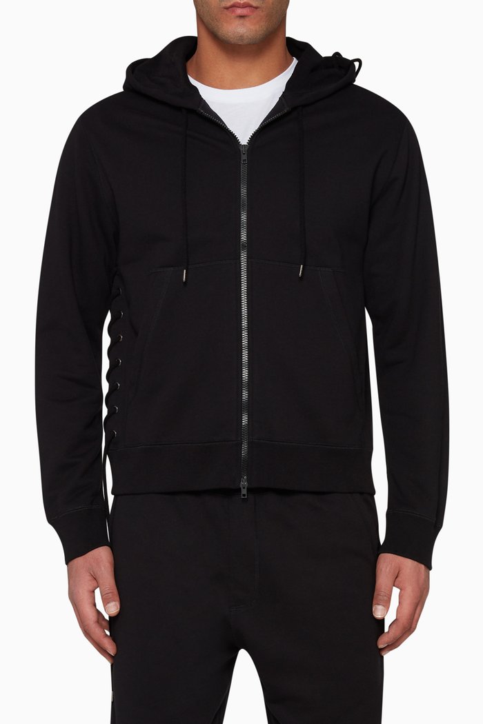 

Laced Cotton Hooded Sweatshirt, Black