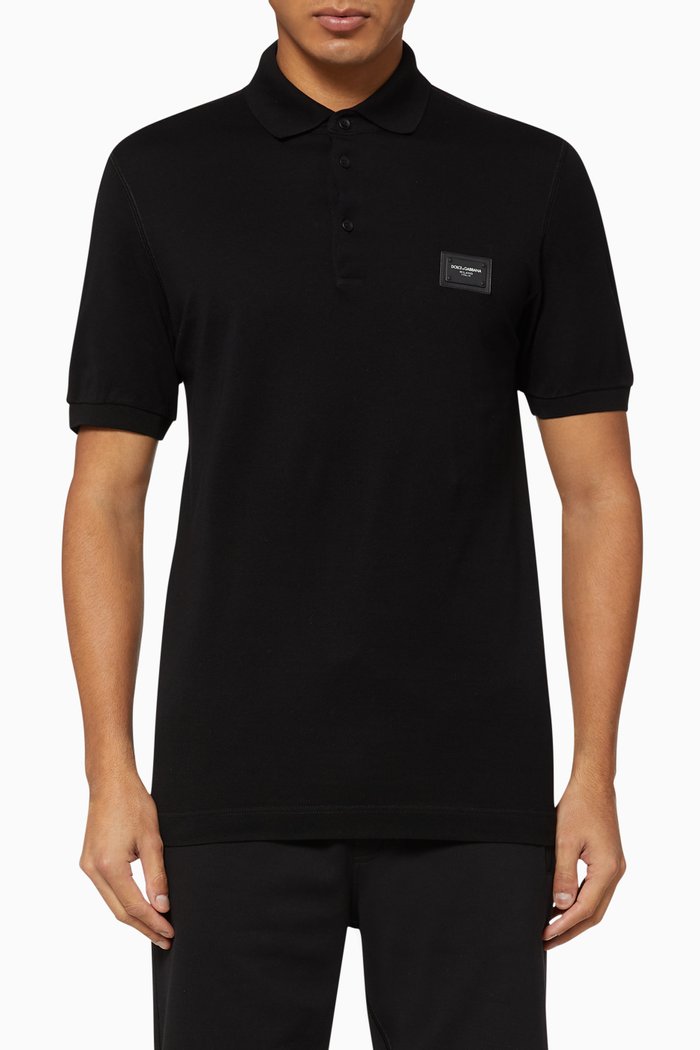 

Logo Plaque Cotton Piqué Polo Shirt, Black