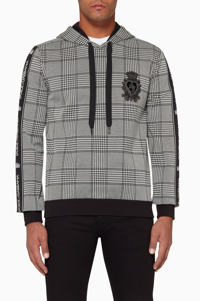 Checkered Crest-Patch Hooded Sweatshirt, Grey