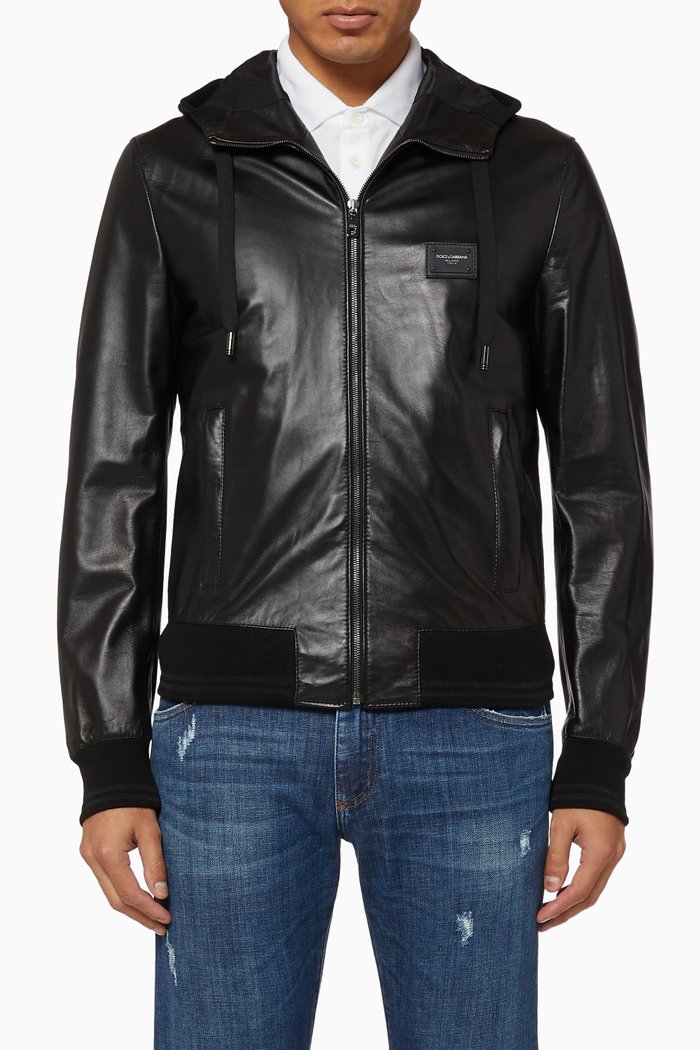 Lamb Leather Hooded Bomber Jacket, Black