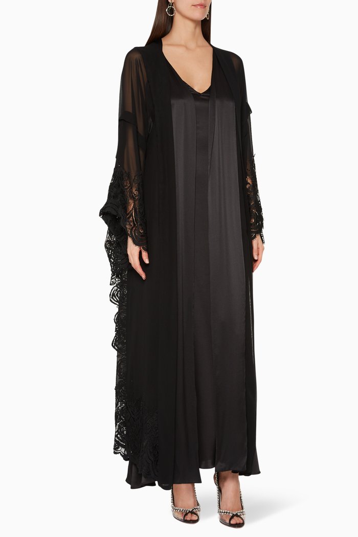 

Floral-Lace Embellished Abaya & Sheila, Black