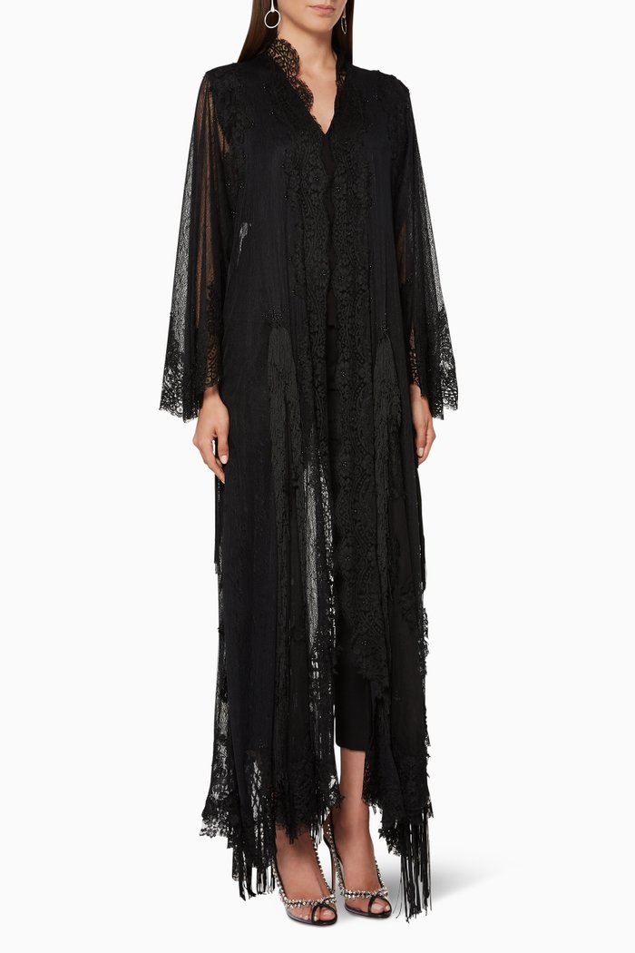 

Fringe Detail Lace Abaya, Black