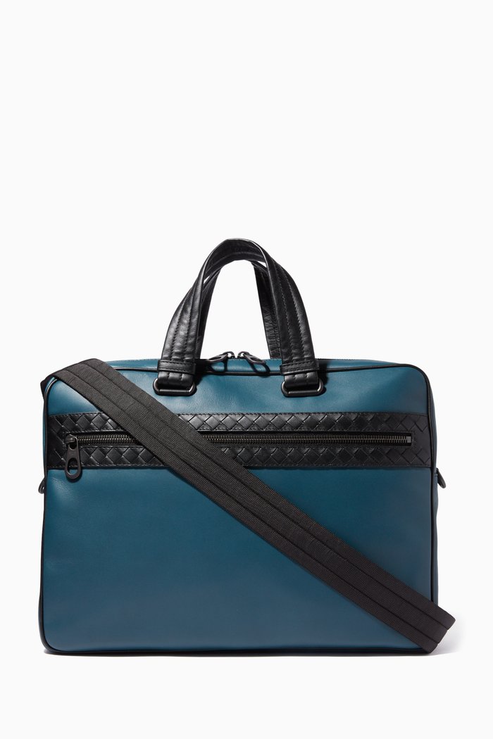 

Nappa-Leather Intrecciato Detailed Briefcase, Blue