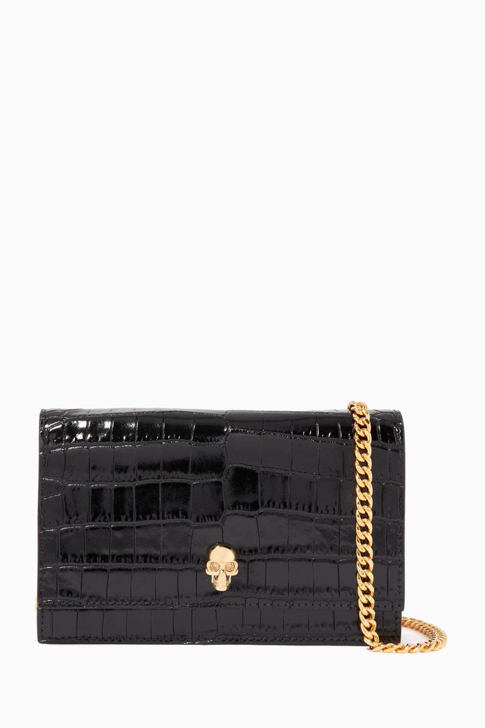Mini Crocodile-Embossed Skull Bag, Black