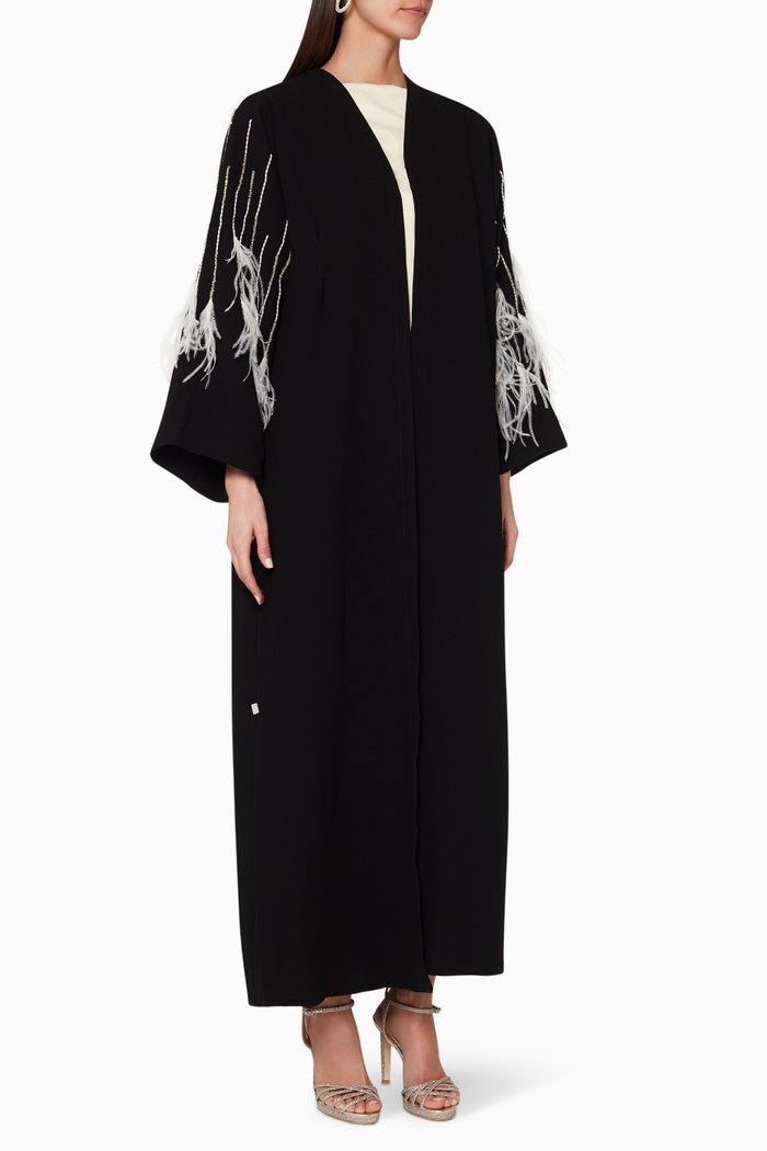 

Bead & Feather Embellished Abaya, Black