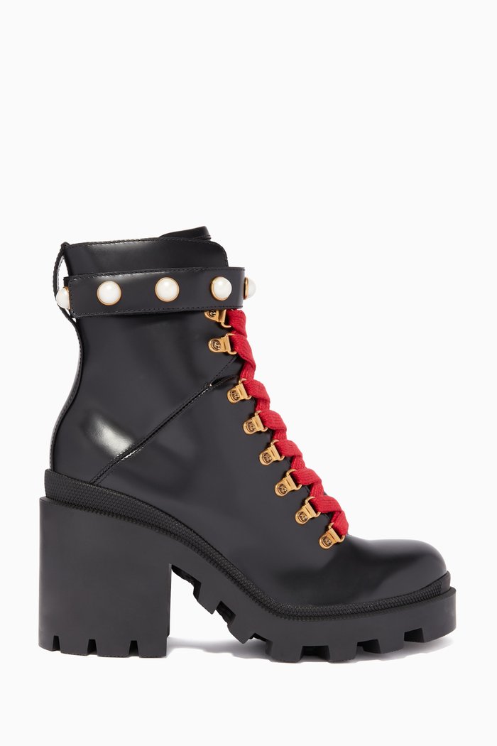 

Trip Pearl Lace-Up Leather Boots, Black