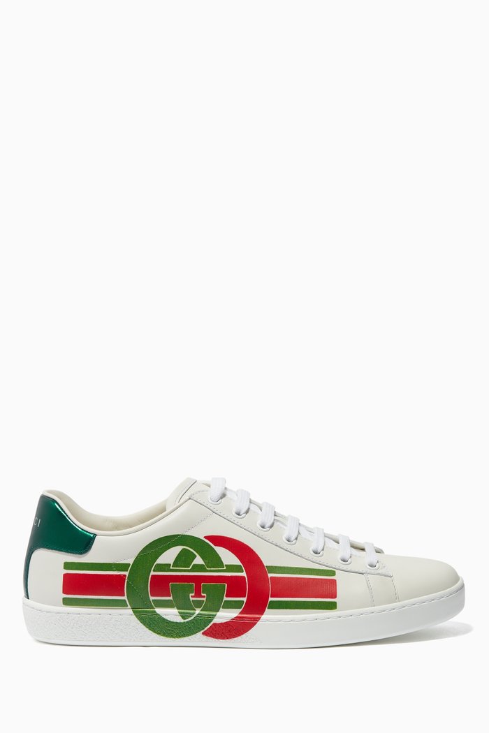 

Ace Interlocking G Leather Sneakers, White
