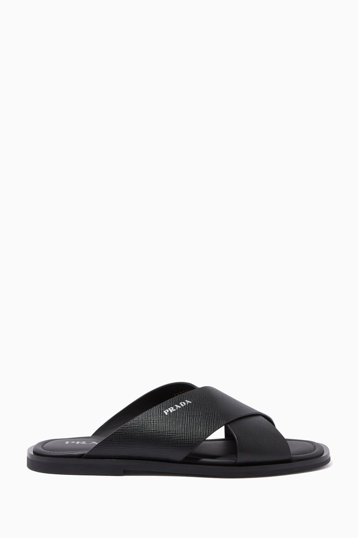 Saffiano Leather Logo Sandals, Black