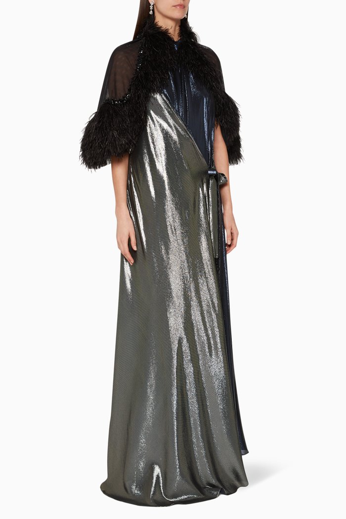 

Feather Embellished Cape-Style Gown, Blue
