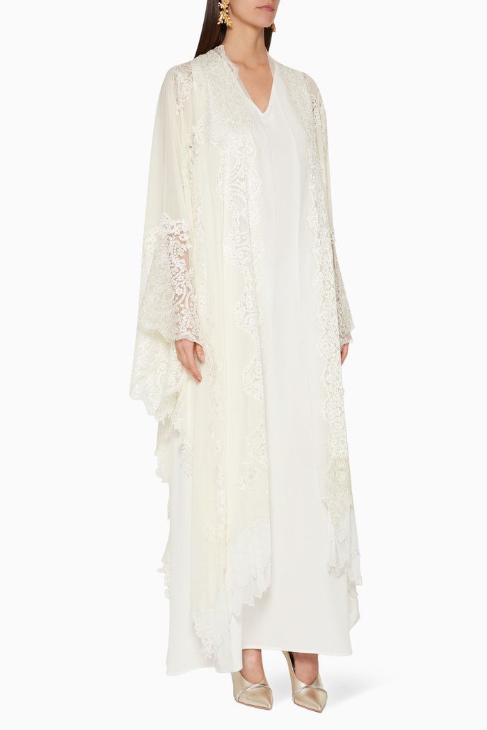 Floral-Lace Chiffon Jalabiya, Neutral