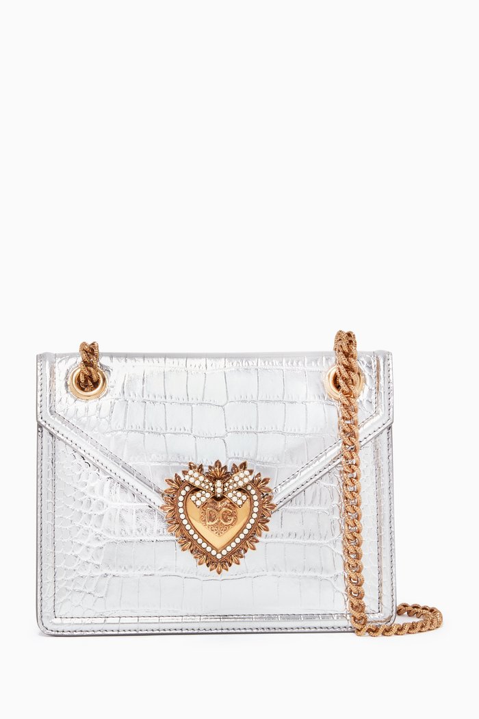 

Devotion Medium Croco-Embossed Leather Bag, Silver