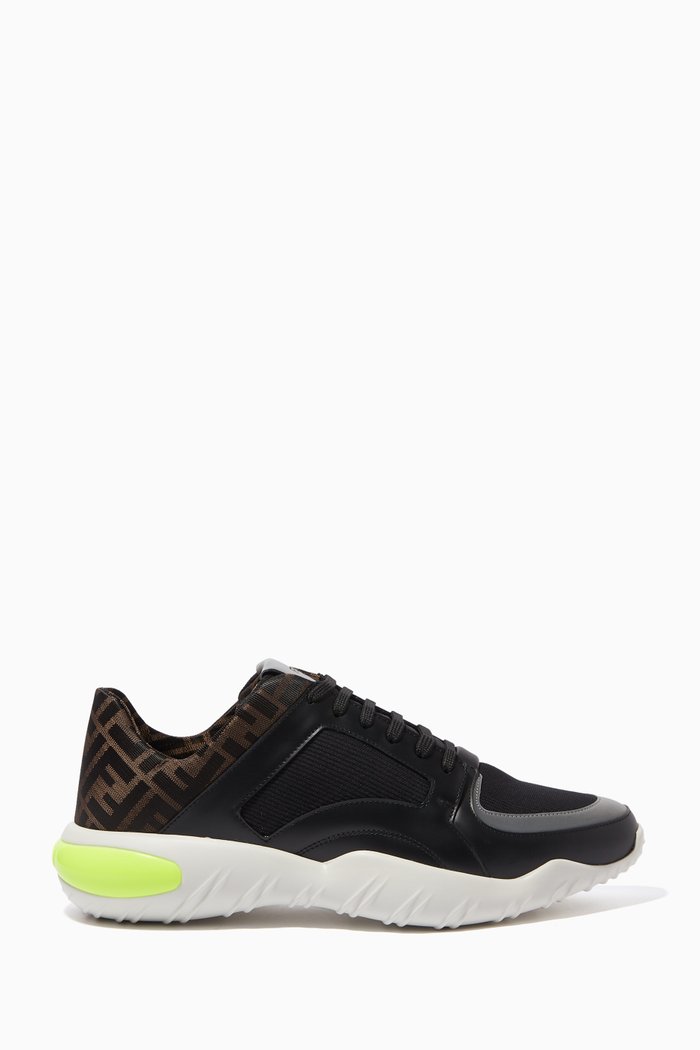 

FF Reflective Leather & Tech Knit Sneakers, Black