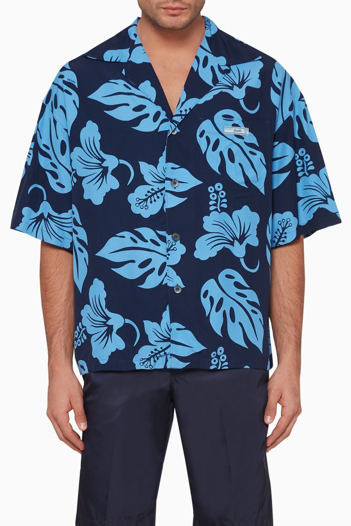 Floral-Print Cuban Shirt, Blue