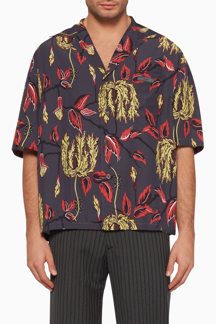 

Floral Print Short-Sleeved Shirt, Grey