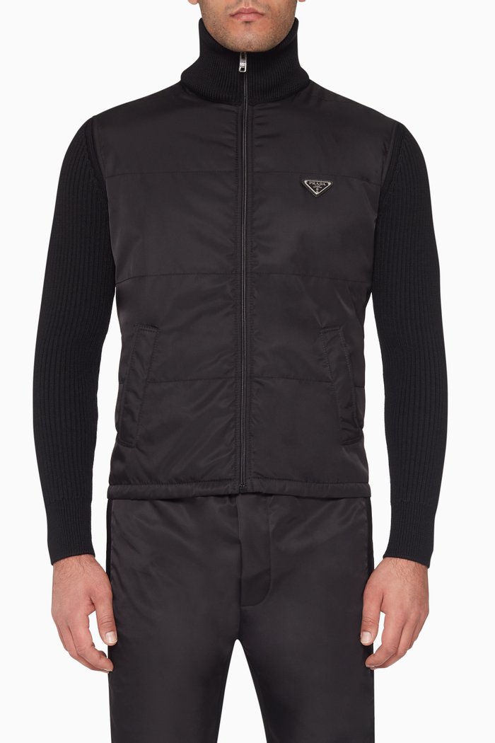 

Nylon Zip-Up Ribbed Sweater, Black