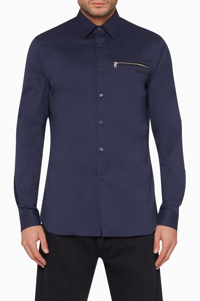 

Zip-Detail Stretch Poplin Shirt, Blue