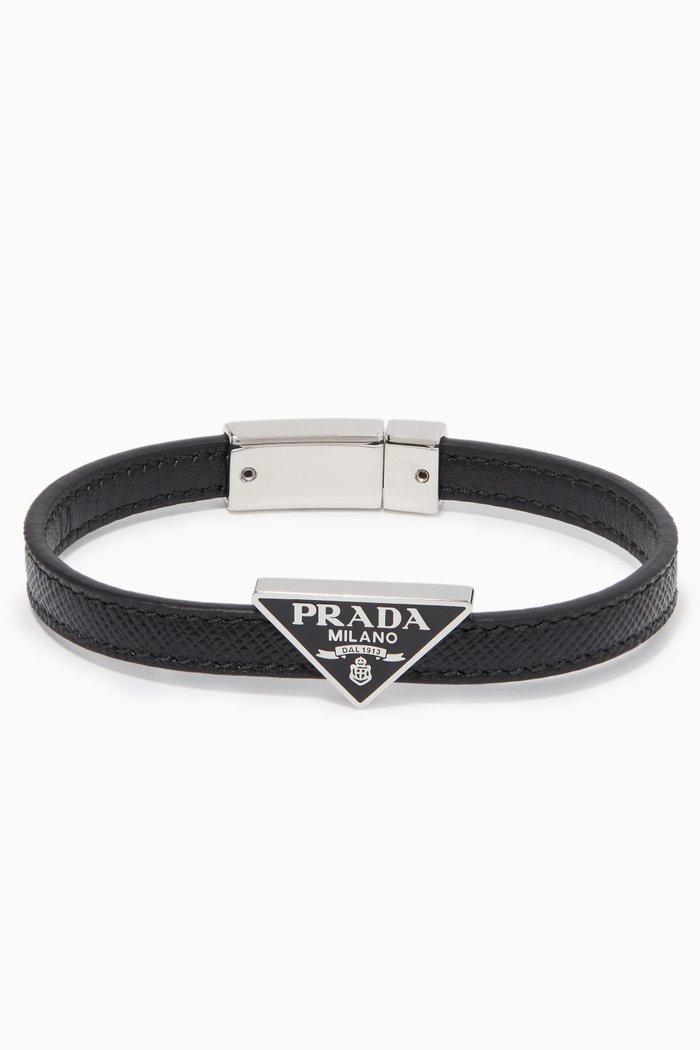 

Triangle Logo Saffiano Leather Bracelet, Black