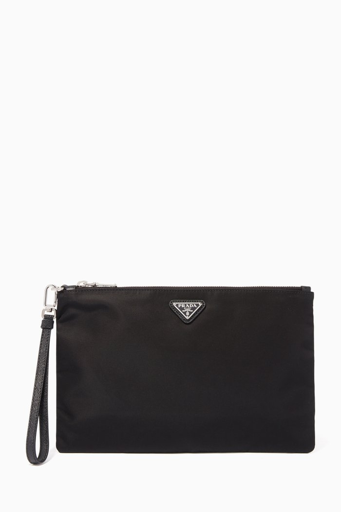 Nylon & Saffiano Leather Logo Pouch, Black