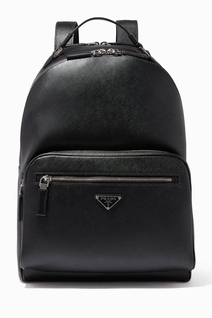 

Triangle Logo Saffiano Leather Backpack, Black