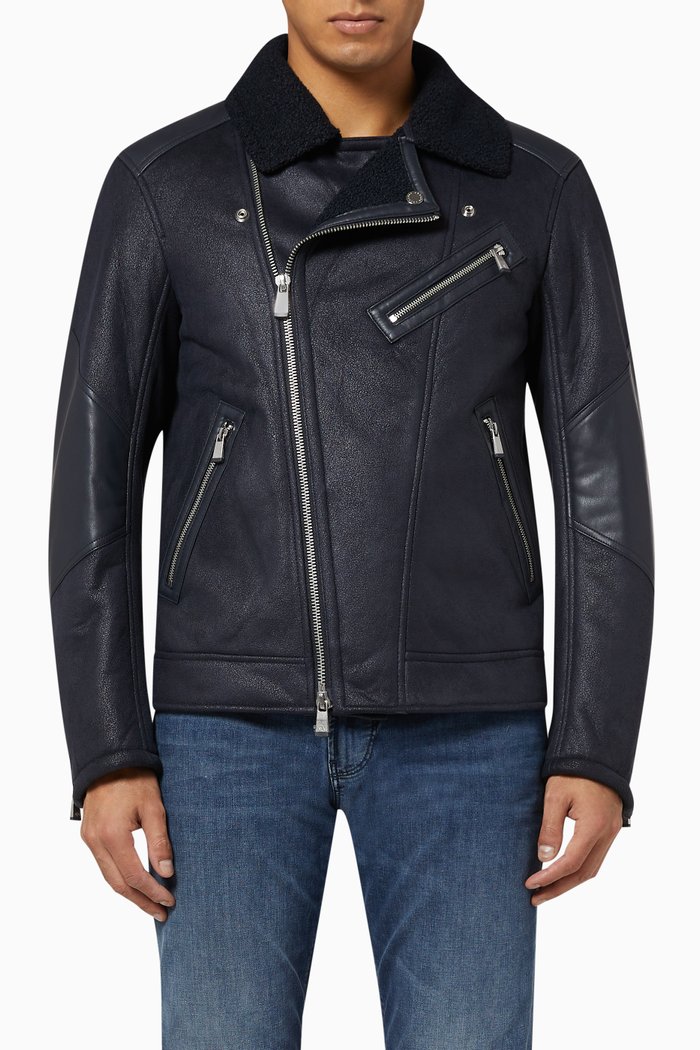 

Faux-Leather Shearling Biker Jacket, Blue