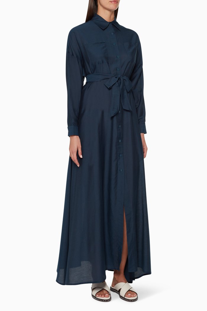 Long Button-Down Shirtdress, Blue