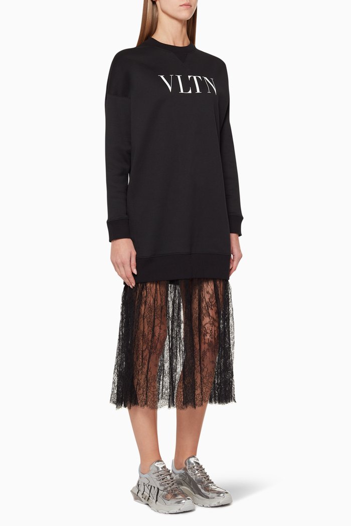 

Printed Sweatshirt & Lace Dress, Black