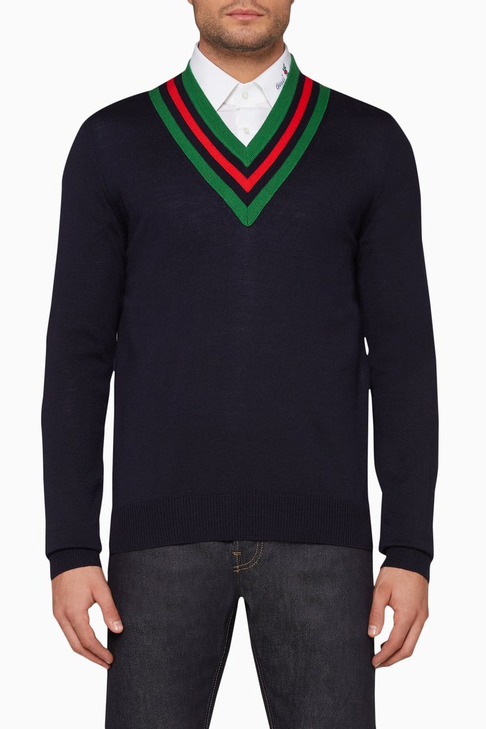 

V-Neck Web Trim Sweater, Blue