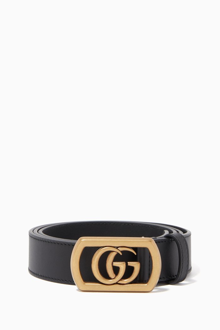 

Framed Double G Buckle Leather Belt, Black