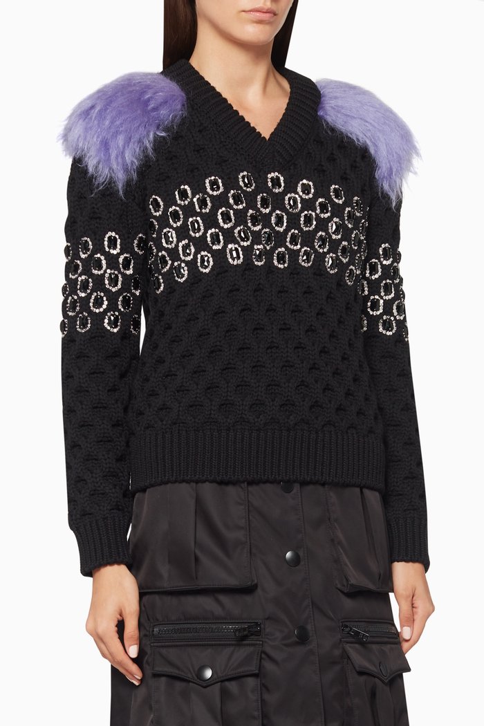 

Embellished Cordonet Yarn Sweater, Black