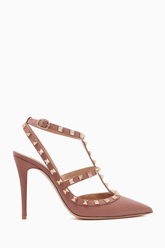 

Rockstud Grainy Leather Ankle Strap Pumps, Neutral