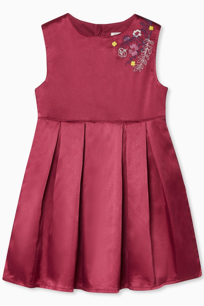 Floral Embroidered Cotton Dress, Burgundy