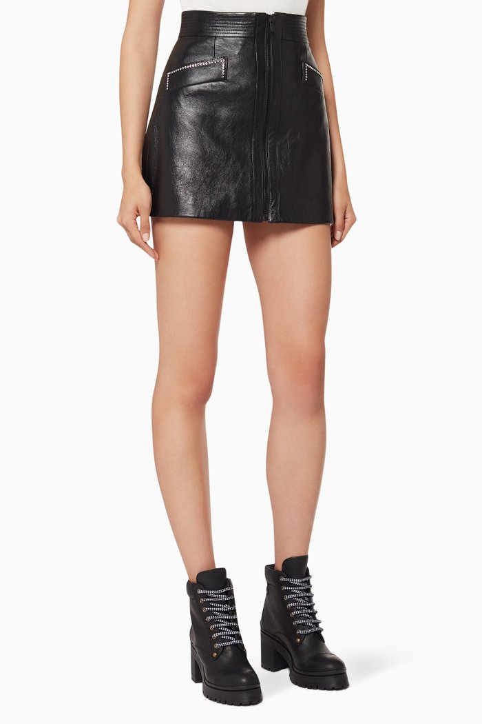 

Crystal Embellished Leather Mini Skirt, Black