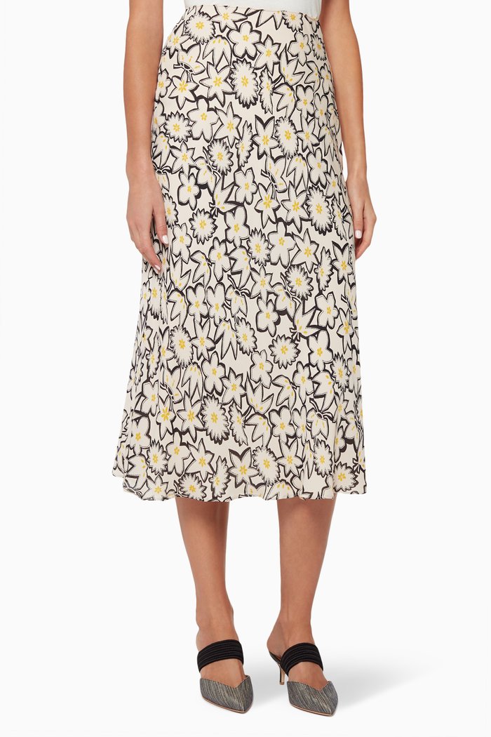 

Floral Print Silk Skirt, White