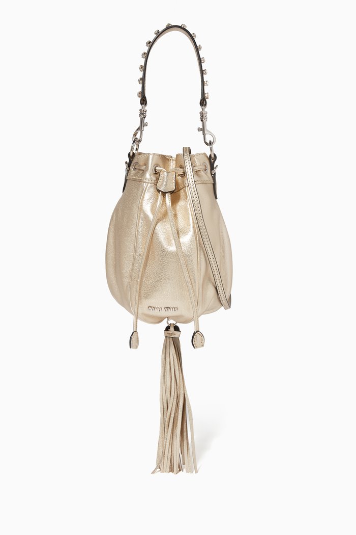 

Leather Bandoleer Bucket Bag, Gold