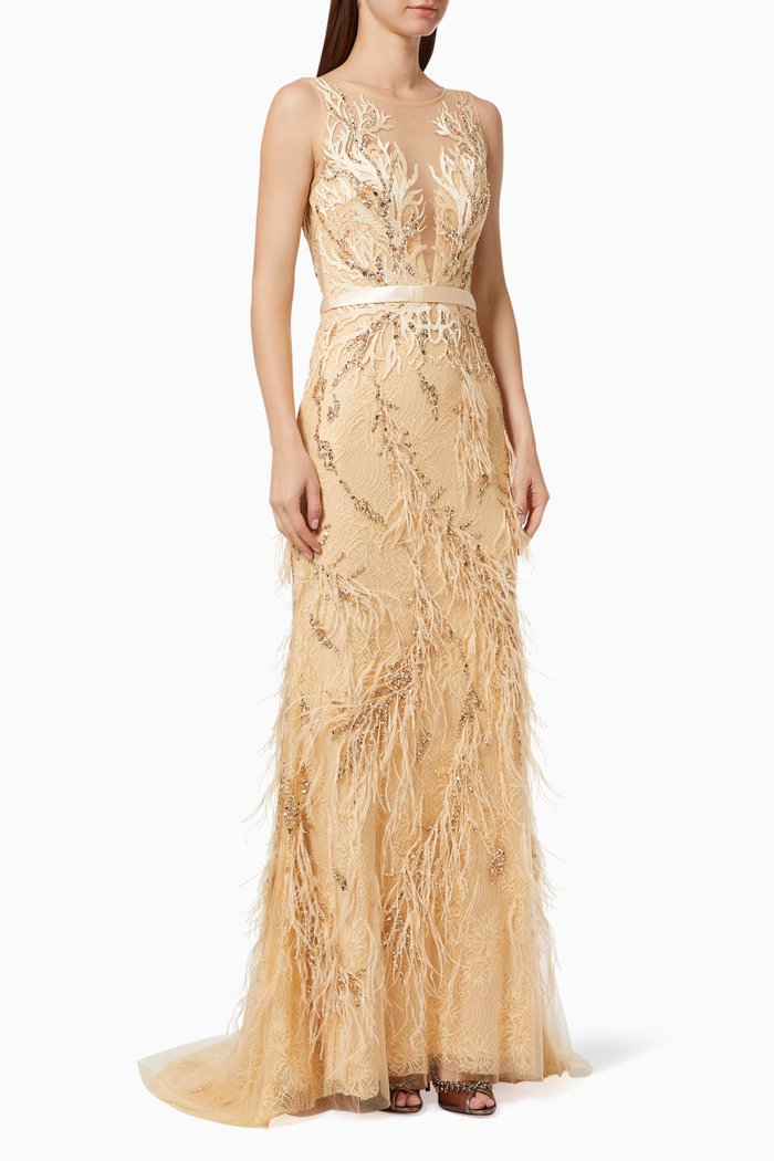 

Sheer Feathered Dress, Gold