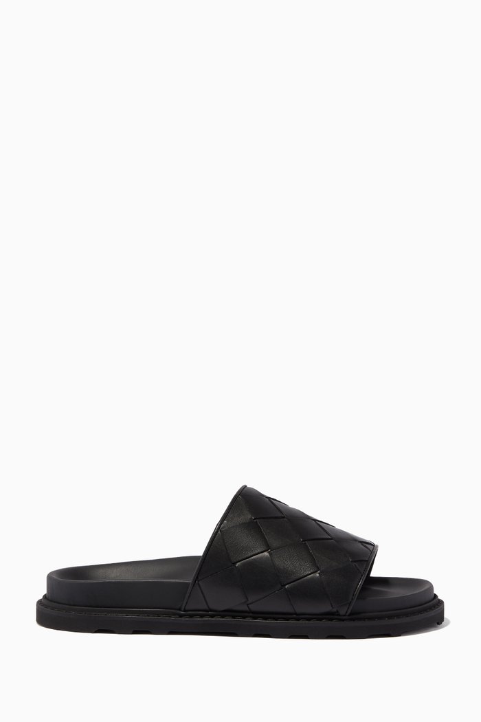 

Enlarged Intrecciato Slide Sandals, Black