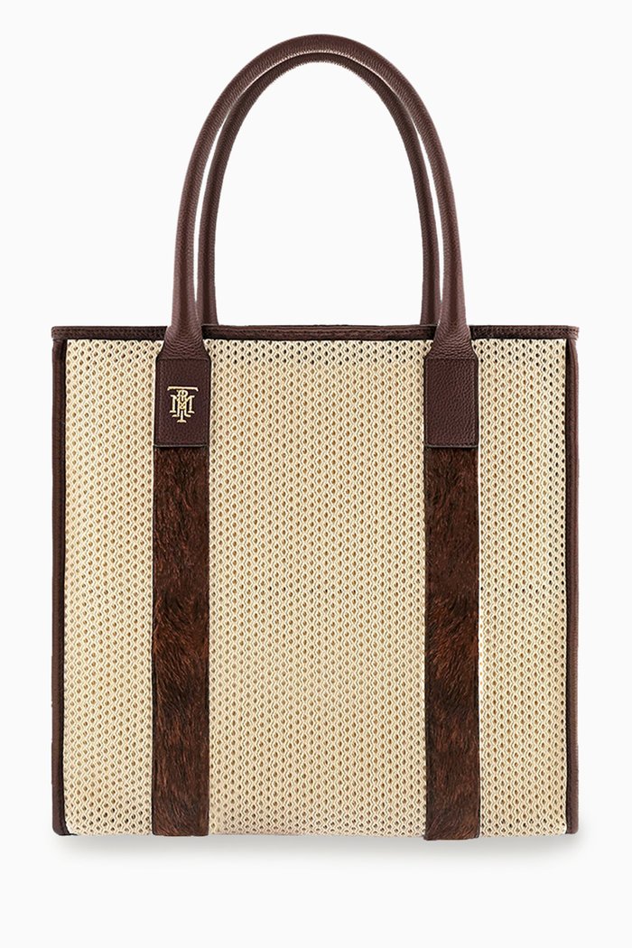 

Small Elektra Tote Bag in Leather & Mesh, Brown
