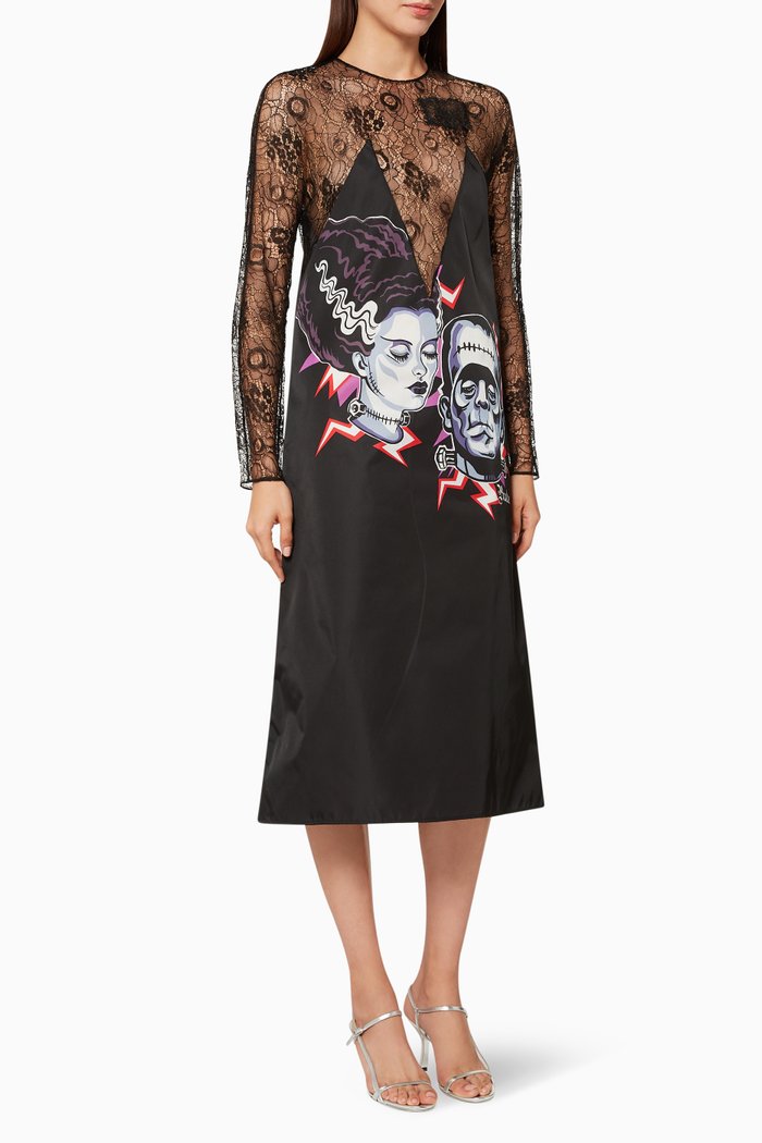 Couple Frankenstein Print Lace Dress, Black