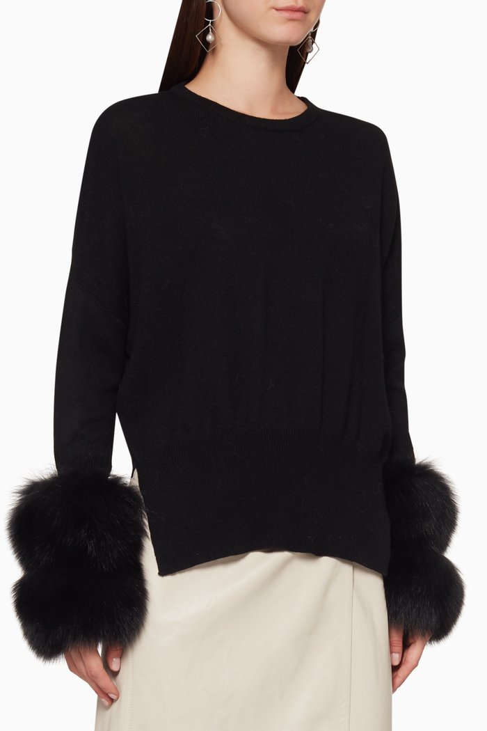 

Fur-Trimmed Wool Sweater, Black