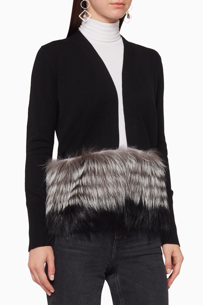 

Fox Fur Trim Long-Sleeved Cardigan, Black