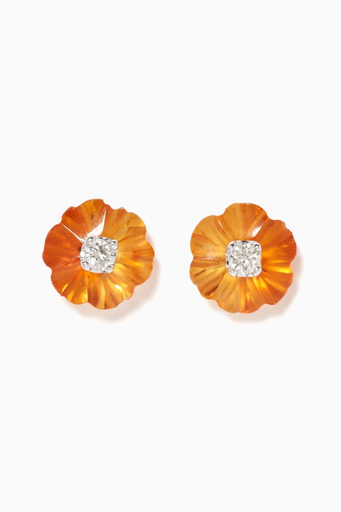 Floral Citrine Diamond Stud Earrings, White