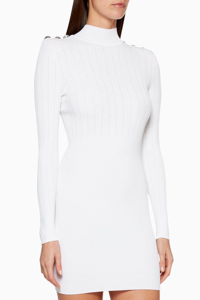 

Button Embellished High-Neck Mini Dress, White