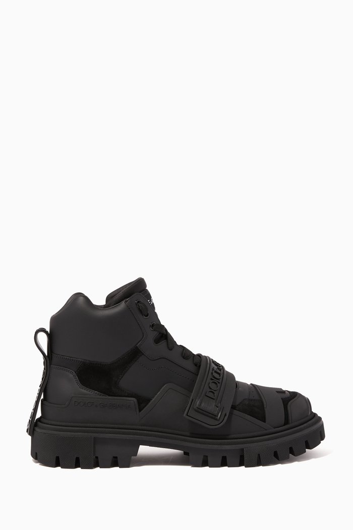 

Leather & Nylon Logo Trekking Shoes, Black