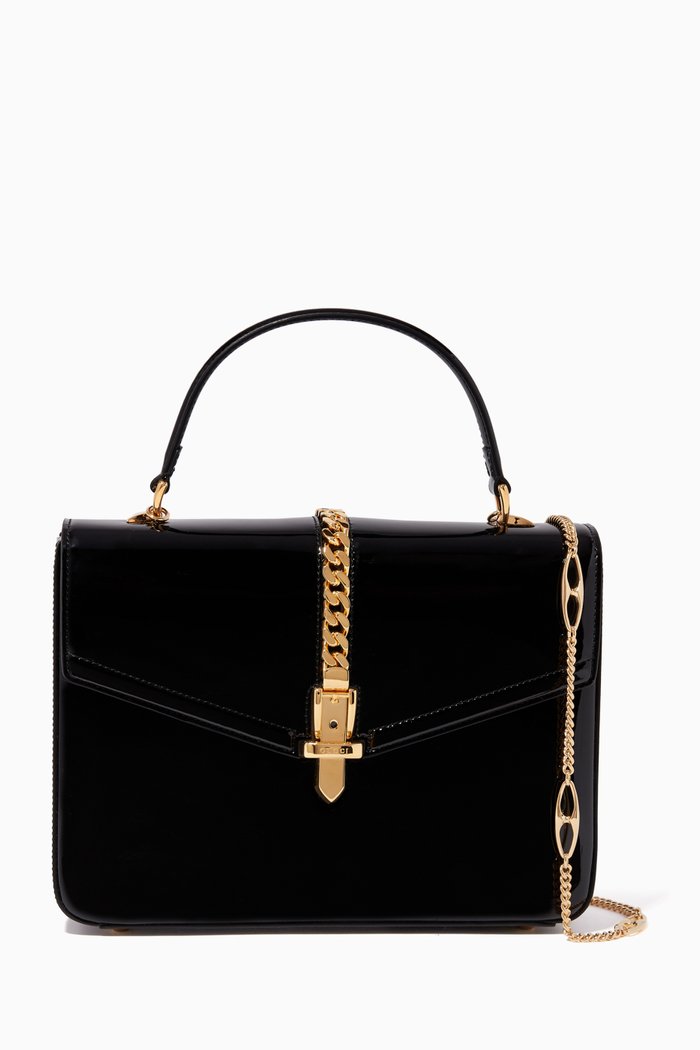 

Sylvie 1969 Medium Patent Leather Top Handle Bag, Black