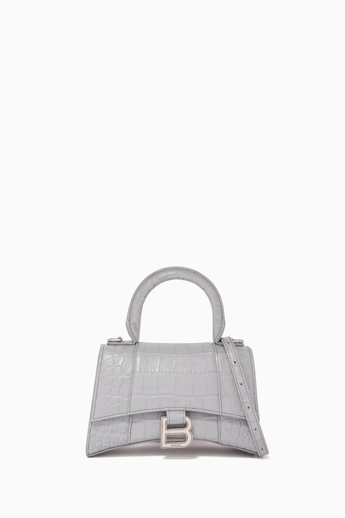 Hourglass XS Crocodile Embossed Top Handle Bag, Grey